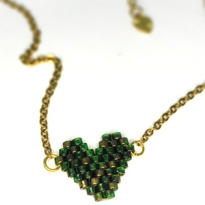 Ατσάλινο Κολιέ τσόκερ καρδιά με χάντρες Πράσινο Χρυσό. - επιχρυσωμένα, καρδιά, χάντρες, miyuki delica, ατσάλι