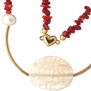 Κολιέ με Κόκκινο Κοράλλι, Αχάτη και Πέρλες | The Gem Stories Jewelry - ημιπολύτιμες πέτρες, επιχρυσωμένα, κοντά, ατσάλι - 2