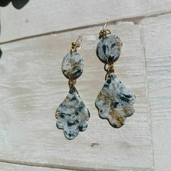 Σκουλαρίκια Air of the East / Marble Black & White Gold - πηλός, μεγάλα, καρφάκι, πολυέλαιοι - 5
