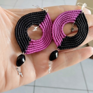 Boho ατσάλινα σκουλαρίκια μακραμέ, γεωμετρικό σχέδιο!!! - πέτρα, πλαστικό, μακραμέ, κορδόνια, ατσάλι - 5