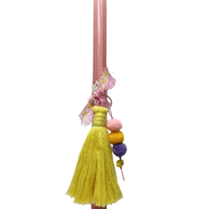 Λαμπάδα ροζ με boho διακόσμηση μπρελόκ κίτρινη φούντα - κορίτσι, λαμπάδες, χειροποίητα, για ενήλικες, για εφήβους