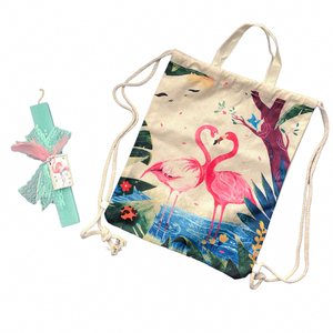 Βεραμάν λαμπάδα «φλαμίνγκο» με λινή τσάντα . - Διαστάσεις λαμπάδας: 26*4,5*1,7 εκ. - κορίτσι, λαμπάδες, σετ, flamingos, για παιδιά