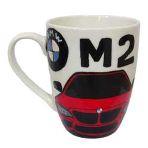 Κούπα πορσελάνης λευκή με χειροποίητο σχέδιο "BMW M2" ζωγραφισμένο με πινελο - χειροποίητα, πορσελάνη, κούπες & φλυτζάνια, πρακτικό δωρο
