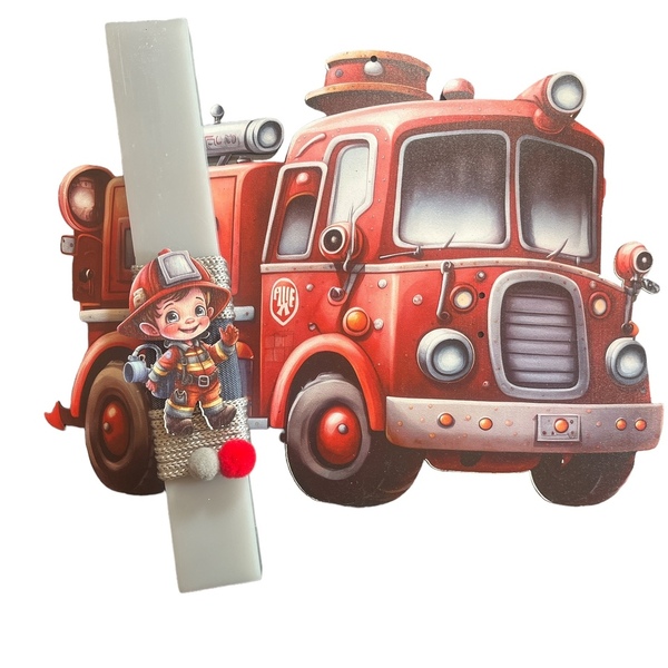 Πασχαλινή λαμπάδα με διακοσμητικό τοίχου, πυροσβέστης με πυροσβεστικό όχημα - αγόρι, λαμπάδες, αυτοκινητάκια, σετ, για παιδιά