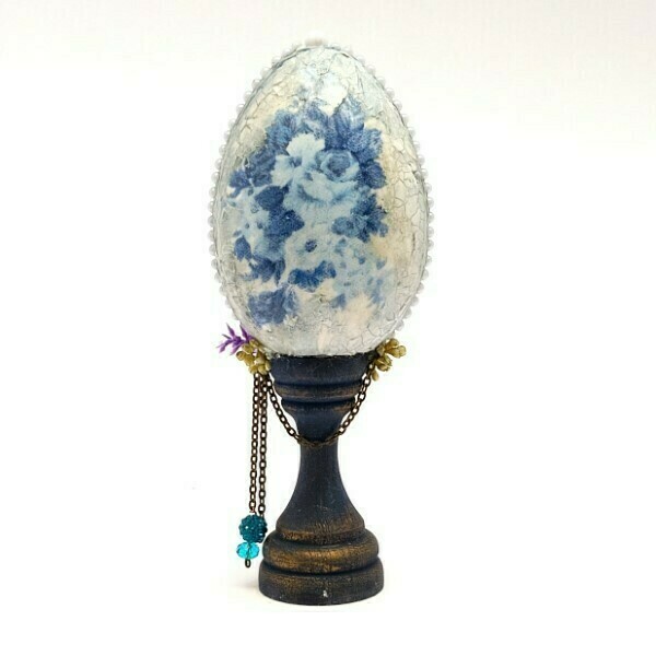 Διακοσμητικό μπλε αυγό Baroque σε ξύλινη βάση 18x7x7 - λουλούδια, αυγό, διακοσμητικά, άνοιξη