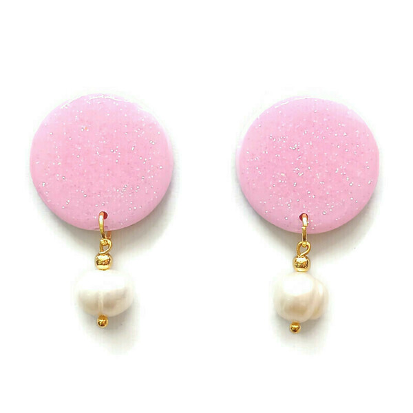 Dreams collection - Σκουλαρίκια από ροζ πηλό με γκλίτερ και μαργαριτάρια - γυαλί, μαργαριτάρι, επιχρυσωμένα, πηλός, ατσάλι