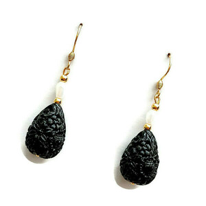 Gems collection - Σκουλαρίκια με μαύρη πάστα κοραλλιού και ανάγλυφα σχέδια - ημιπολύτιμες πέτρες, επιχρυσωμένα, δάκρυ, ατσάλι, boho - 3