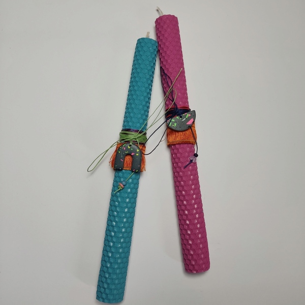 Πρωτότυπες πολύχρωμες boho λαμπάδες με χρωματιστά φύλλα κηρήθρας και γεωμετρικό στοιχείο - κορίτσι, λαμπάδες, για ενήλικες, για εφήβους