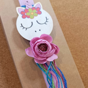 Λαμπάδα μονόκερος με λουλούδι ροζ πλακέ ξυστή 30 εκ. - κορίτσι, λαμπάδες, μονόκερος, για παιδιά, για εφήβους - 4
