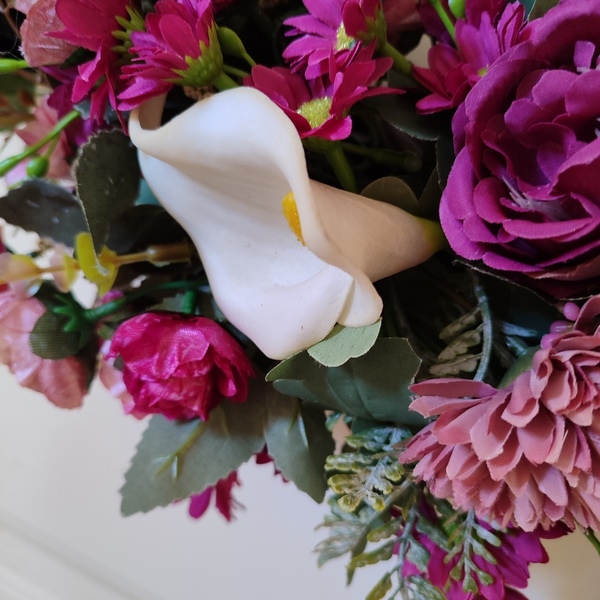 Χειροποίητο στεφάνι 40 εκ σε βάση μπαμπού γκρι με τεχνητά λουλούδια "Spring 24" - στεφάνια, άνοιξη, ανοιξιάτικα λουλούδια - 3