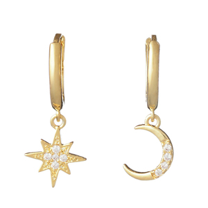 Σκουλαρίκια με Αστέρι και Φεγγάρι Ασημένια Επιχρυσωμένα| The Gem Stories Jewelry - επιχρυσωμένα, ασήμι 925, αστέρι, φεγγάρι, με κλιπ