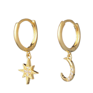 Σκουλαρίκια με Αστέρι και Φεγγάρι Ασημένια Επιχρυσωμένα| The Gem Stories Jewelry - επιχρυσωμένα, ασήμι 925, αστέρι, φεγγάρι, με κλιπ - 2