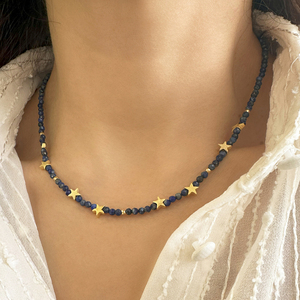 Γυναικείο Κολιέ με λάπι λάζουλι και αστεράκια. Από Ασήμι 925, Επίχρυσο. Μέγεθος 40 εκ. - ημιπολύτιμες πέτρες, ασήμι 925, αστέρι, seed beads - 2