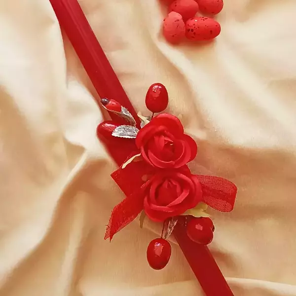 Γυναικεία πασχαλινή κόκκινη λαμπάδα με λουλούδια - κορίτσι, λουλούδια, λαμπάδες, για ενήλικες, πασχαλινά δώρα - 2