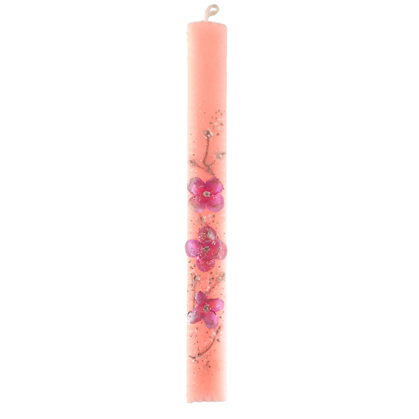 Σομόν, πλακέ λαμπάδα με μωβ-ροζ λουλουδάκια. - Διαστάσεις λαμπάδας: 36*3,5*1,7 εκ. - κορίτσι, λουλούδια, λαμπάδες, για ενήλικες