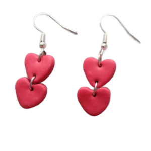 Κρεμαστά σκουλαρίκια από κόκκινο πολυμερικό πηλό σε σχήμα καρδιών - ασήμι, πηλός, μικρά, γάντζος, φθηνά