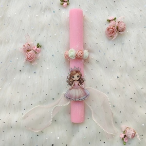 Ροζ λαμπάδα με λουλούδια και ροζ πριγκίπισσα - κορίτσι, λουλούδια, λαμπάδες, για παιδιά, πριγκίπισσες - 3