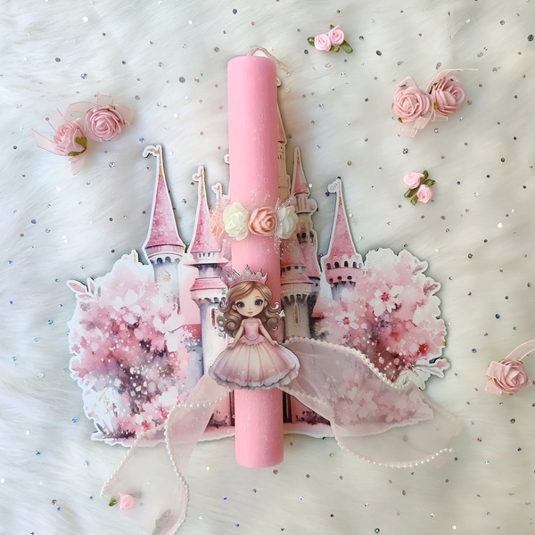 Ροζ λαμπάδα με πριγκίπισσα και διακοσμητικό τοίχου ροζ κάστρο - κορίτσι, λαμπάδες, σετ, για παιδιά, πριγκίπισσες - 2