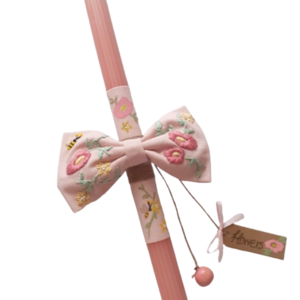 Λαμπάδα ροζ με φιόγκο κλιπ μαλλιών κεντημένο. - κορίτσι, λουλούδια, λαμπάδες, για παιδιά, hair clips - 3