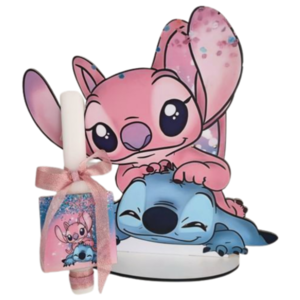 Πασχαλινή Λευκή λαμπάδα 25cm Stitch μαζί με ξύλινο διακοσμητικό επιτραπέζιο stand 35*12cm - κορίτσι, λαμπάδες, για παιδιά, ήρωες κινουμένων σχεδίων, για μωρά