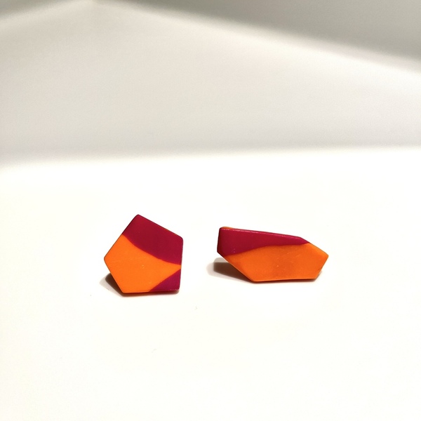 Myrsini Polygonal Earrings Χειροποίητα Καρφωτά Σκουλαρίκια Πολυμερικού Πηλού Κόκκινο & Πορτοκαλί - πηλός, ατσάλι, μεγάλα - 2