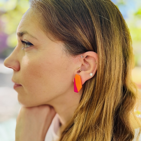 Myrsini Polygonal Earrings Χειροποίητα Καρφωτά Σκουλαρίκια Πολυμερικού Πηλού Κόκκινο & Πορτοκαλί - πηλός, ατσάλι, μεγάλα - 5