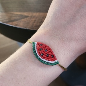 Macrame bracelet watermelon - μακραμέ, κορδόνια, χεριού, αυξομειούμενα - 2