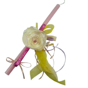 Λαμπάδα με κορδέλα για τα μαλλιά Lurex ροζ στολισμένη με Εκρού σατέν λουλούδι - κορίτσι, λουλούδια, λαμπάδες, για παιδιά