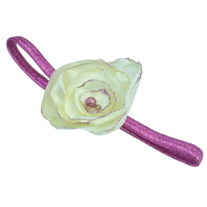 Λαμπάδα με κορδέλα για τα μαλλιά Lurex ροζ στολισμένη με Εκρού σατέν λουλούδι - κορίτσι, λουλούδια, λαμπάδες, για παιδιά - 2