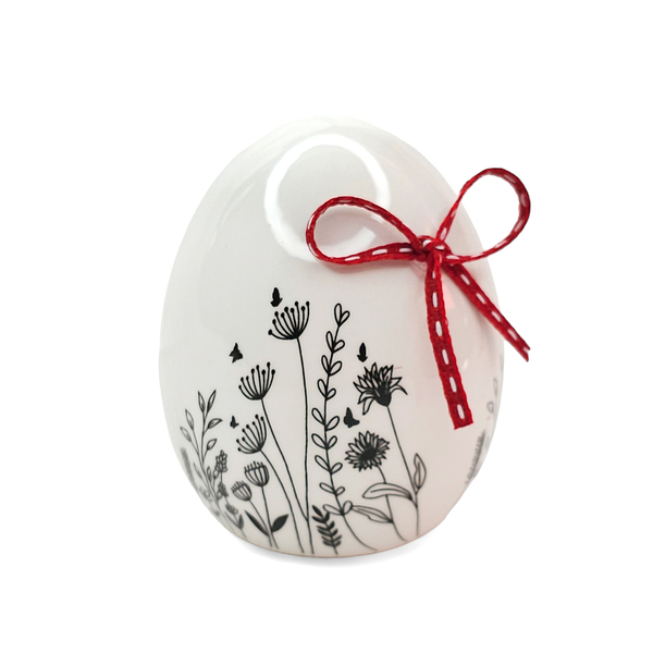 Ασπρόμαυρο κεραμικό διακοσμητικό αυγό με ζωγραφισμένα λουλουδάκια - κεραμικό, αυγό, διακοσμητικά, για ενήλικες
