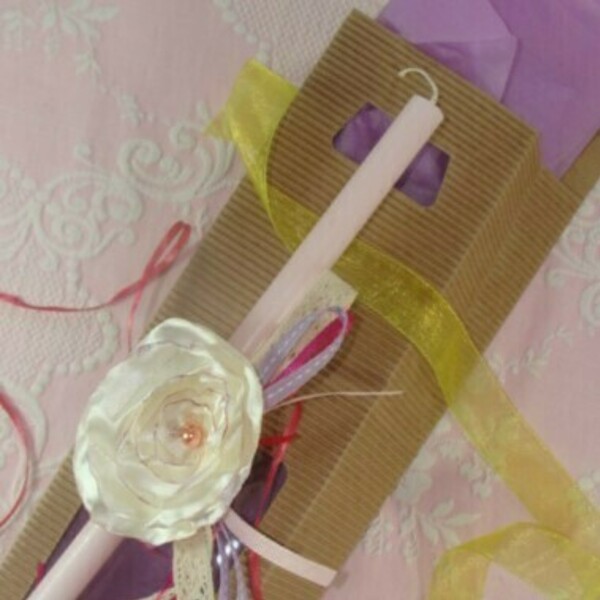 Λαμπάδα ροζ για κορίτσι με κορδέλα μαλλιών μπεμπέ με εκρού σατέν λουλούδι - κορίτσι, λουλούδια, λαμπάδες, για μωρά - 5