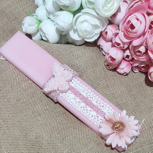 Λαμπάδα αρωματικη 25εκ σαγρε ροζ με ανθη κ πεταλουδα - κορίτσι, λουλούδια, λαμπάδες, για ενήλικες, για εφήβους - 2
