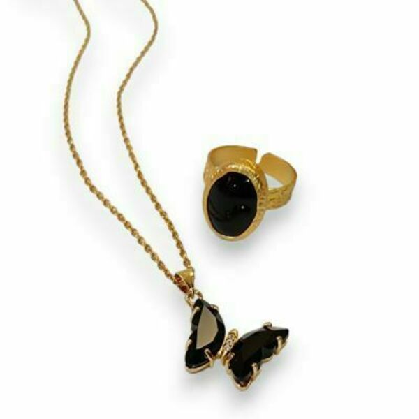 ΣΕΤ Ατσάλινο κολιέ πεταλούδα και ορειχάλκινο ρυθμιζόμενο δαχτυλίδι με μαύρη φυσική πέτρα - κρύσταλλα, πεταλούδα, minimal, ατσάλι