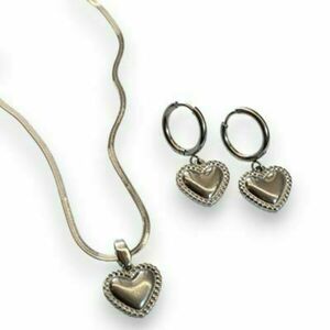 Ατσάλινο ΣΕΤ καρδιά με αλυσίδα snake και σκουλαρίκια κρίκοι με κλιπ - καρδιά, κοντά, ατσάλι