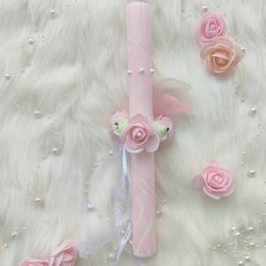 Ροζ λαμπάδα με λουλούδια, φτερά και πέρλες - Γυναικεία/εφηβική - κορίτσι, λουλούδια, λαμπάδες, για ενήλικες, για εφήβους - 2