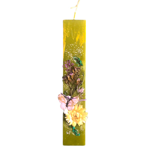 Πράσινη λαμπάδα με αποξηραμένα λουλούδια και γκλίτερ. - Διαστάσεις λαμπάδας: 25*4,5 εκ. - κορίτσι, λουλούδια, λαμπάδες, για εφήβους