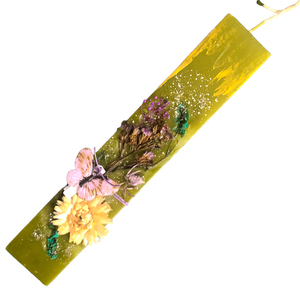 Πράσινη λαμπάδα με αποξηραμένα λουλούδια και γκλίτερ. - Διαστάσεις λαμπάδας: 25*4,5 εκ. - κορίτσι, λουλούδια, λαμπάδες, για εφήβους - 2
