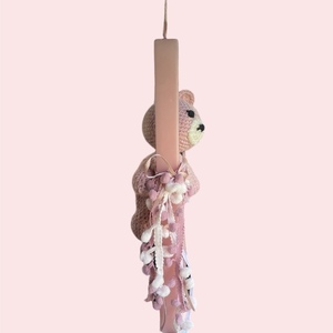 Λαμπάδα με χειροποίητο πλεκτό ροζ αρκουδάκι - λαμπάδες, για παιδιά, για μωρά - 3