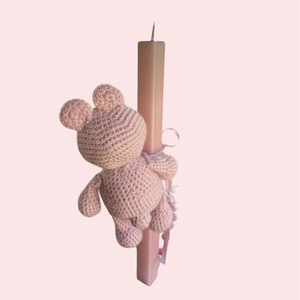 Λαμπάδα με χειροποίητο πλεκτό ροζ αρκουδάκι - λαμπάδες, για παιδιά, για μωρά - 4