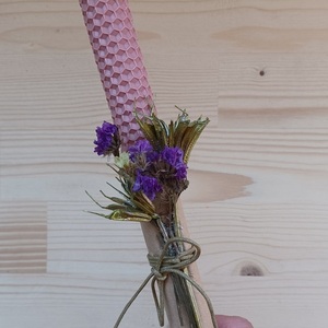 Λαμπάδα από κηρήθρα με αποξηραμένα λουλουδάκια ροζ - κορίτσι, λουλούδια, λαμπάδες, για ενήλικες, για εφήβους - 2