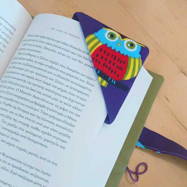 Θήκη βιβλίου Purple Owls και σετ σελιδοδείτκης - ύφασμα, βαμβάκι, κουκουβάγια, θήκες βιβλίων - 3