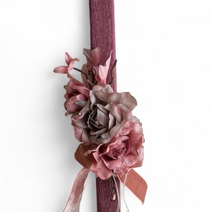Λαμπάδα μωβ, ξυστή, αρωματική 30,5 cm με υφασμάτινα λουλούδια. - κορίτσι, λουλούδια, λαμπάδες, για ενήλικες