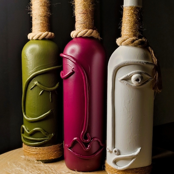 Χειροποίητα μπουκάλια διακοσμημένα με Minimal πρόσωπα - Σετ - γυαλί, minimal, διακοσμητικά μπουκάλια - 3