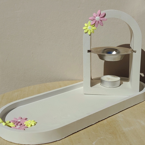 Καυστήρας για αιθέρια έλαια/Wax Melts σε φυσικό λευκό διακοσμημένο με λουλούδια από οικολογική ρητίνη / Jesmonite. - κερί, αρωματικά χώρου - 4