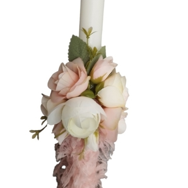 Λευκή λαμπάδα με ροζ λουλουδια - λαμπάδες