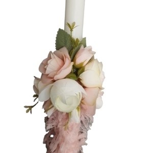 Λευκή λαμπάδα με ροζ λουλουδια - λαμπάδες