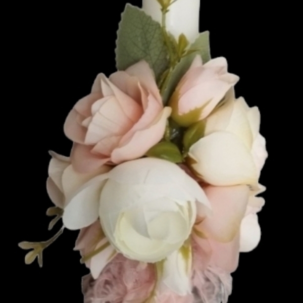 Λευκή λαμπάδα με ροζ λουλουδια - λαμπάδες - 2