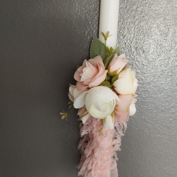 Λευκή λαμπάδα με ροζ λουλουδια - λαμπάδες - 3