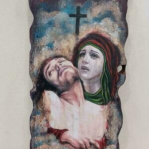 Χειροποίητη ξύλινη εικόνα "Ιησούς Χριστός-Παναγία" - διακοσμητικό πασχαλινό