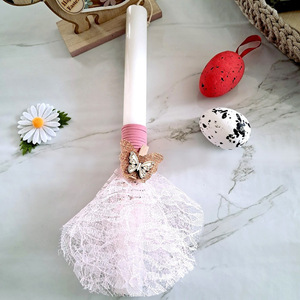 Χειροποίητη Πασχαλινή λαμπάδα με ξύλινη πεταλούδα και ροζ δαντέλα. - κορίτσι, λαμπάδες, για παιδιά, για μωρά - 3